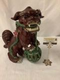 Asian handcrafted and painted ceramic Guardian Lion Foo Dog sculpture art piece