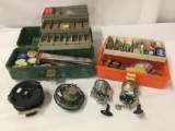 2 Vintage Tackleboxes filled with weights, bait, line, and hooks. Also includes 4 Reels, 1 unmarked,