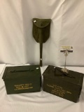 3 US Military items; 2x ammunition cartridge metal case/ holders, US pack shovel