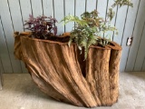 Beautiful O.O.A.K. wood carved planter with living plants by local artist Chau Woodhead