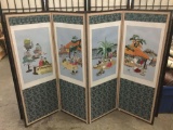 Vintage Asian 4 panel room divider screen with household scenes