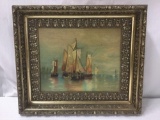 Antique Original Painting of Boats By Fannie Carleton Whitney - oil in frame