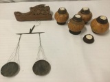 4 Asian Hair Receivers with Carved Bone Tops, and Scale with Carved Wooden Case