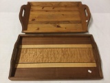 2 Handmade Vintage Wooden Serving Trays, 1 With Wood Inlay Design. 22 and 23 inches long