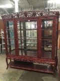 Vintage Asian carved bamboo style display cabinet/hutch with ornate floral carving - as is