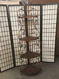 Folding metal corner shelf with scroll-work embellishment