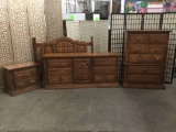 4 pc vintage Oak bedroom set - full sized bed frame with dressers and nightstand