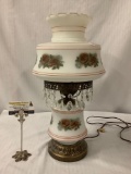 Vintage table lamp with decorated glass shade, tested and working, approx 21 x 10 inches.