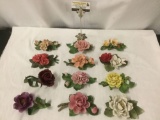 Lot of 12 Capodimonte porcelain flower art pieces made in Italy - some have minor chips