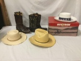 2x pairs of cowboy boots by Acme and Amazonas - size 8.5 and 9.5 and 3 hats - Stetson, Adventurer