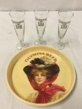 Vintage Olympia Beer Tray with 3 Olympia Beer Glasses. Glasses