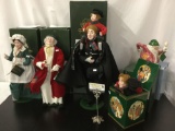 Collection of A Christmas Carol figures by Department 56, plus music box and Scrooge tea pot