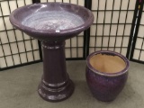 Pair of Purple Ceramic Outdoor Pieces, Planter and Bird Bath