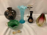 6 pc art glass and porcelain lot incl. mid century tall vase, art glass green bowl with stir stick,