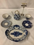 6 piece set of hand decorated Russian china; Lomonosov tea cups, saucers, tea pot
