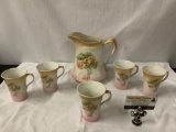 6 pc antique pitcher and cup set with rose and age crackle design by Semi-Porcelain