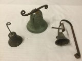 3 Antique Bells, 2 With Cast Iron Wall Mounts. Largest is 12 inches tall
