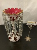 Vintage fine Czech art glass vase with crystal embellishment, cut out design and gold rim