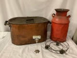 3 piece antique lot; copper broiler pot with lid, milk canister painted orange, rolling trivet
