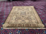 Large modern wool carpet with fringe and symmetrical design - neutral colors & black border