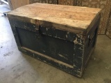 Antique wood trunk / foot locker with inner shelf and metal handles