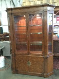 2pc Asian mid century burled wood veneer china display cabinet with glass shelves - tested and