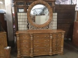 Large early 21st c. 12 drawer vanity dresser with mirror - solid wood and cast iron detail