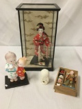 4 Vintage Asian Figures, 1 in shadowbox, x2 Ceramic Statues, and 1 porcelain doll with 4 masks and