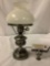 Small vintage style brushed steel base hurricane table lamp with glass shade