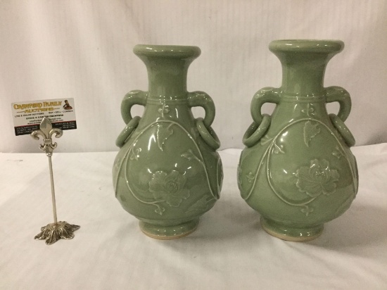 Pair of antique doubled handled matching Asian vases with celadon glaze - excellent cond