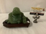 Antique jade Buddha figure with carved wood base