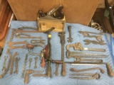 Lot of antique hand tools; Stanley planer, Millers Falls Hand drill, Ford wrench and much more.