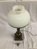 Modern antique style wood pillar base electric table lamp with glass half dome top