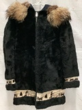 Vintage early 1960s David Green fur coat with hood and dog sled design - size medium