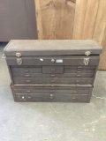 Vintage machinist tool box full of hand tools and instruments