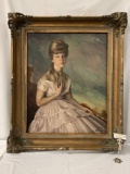 Large 1963 original portrait painting of debutante in pink dress by Antonoia S in antique frame - as