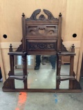 Antique dark stained sideboard mirror w/ small wooden shelves & elegant carved detail