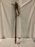 Antique Native American ceremonial wooden staff with bone, feathers, leather and beads