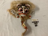 Vintage Asian mask with straw hair, dragon/man motif face - ears need reattached