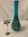 Mid century hand painted blue over white vase - approx 18