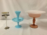 2 antique glass pcs incl. Portieux Vallerysthal single horn epergne & amber over milk compote