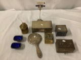 Lot of 8 silverplate and metal antiques incl. dresser boxes, gotham glazed dishes, mirror and more