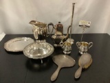 9 pc collection of sterling & weighted sterling deco + silverplate pcs - 2 Sterling creamers/sugars,
