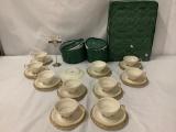 31 pc of Castleton China Sovereign pattern tea cups and saucers for 10 + 1 plate with gold rim