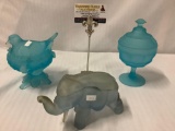 3 vintage blue glass candy dishes with lids - elephant, bird in nest and more see pics