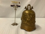Antique Asian brass dragon design bell with intricate scene