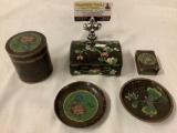 5 pieces of matching antique cloisonne metal containers, dresser boxes and small plates