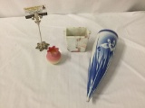 3 pc vintage decor - Akro agate (circa 1939) vase, Italian glass toothpick holder & wall vase