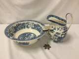 Large antique Wedgwood Willow pattern China wash pitcher and bowl - blue and white