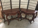 Pair of modern antique reproduction mahogany half moon hall tables with ornate look